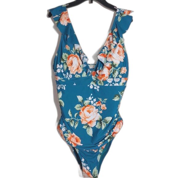 NWOT Cupshe Women's Sunny Flower Ruffled Lace-Back 1-Piece Swimsuit Teal Size XL - Picture 6 of 14